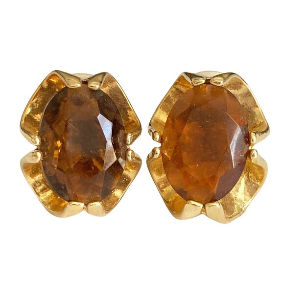 Vintage Amber Glass Clip On Earrings Jeweled Cut Gold Plated Huggie 70's USA - Picture 1 of 9
